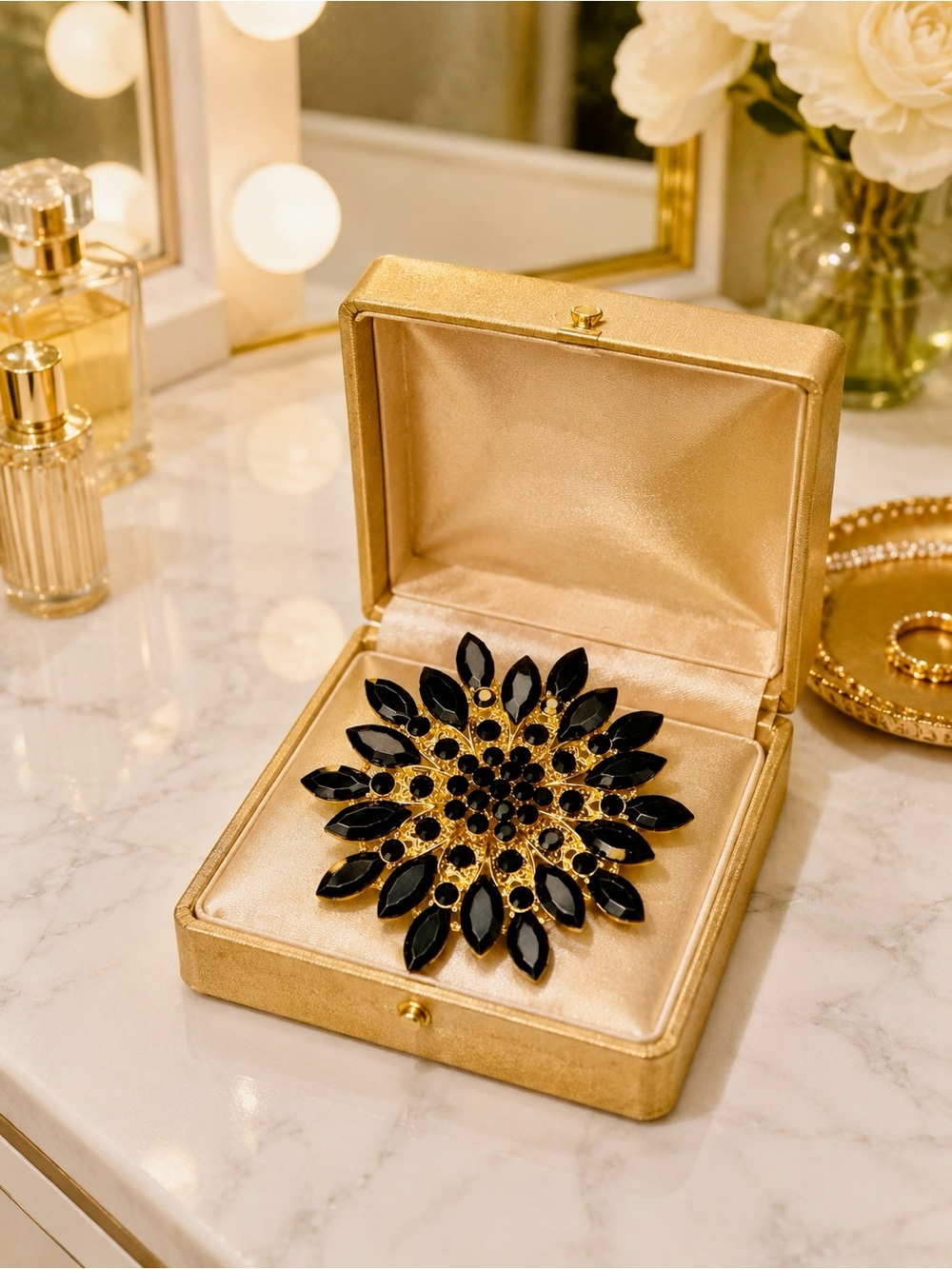 Black Rhinestone Floral Statement Brooch Gold Tone 2.5" Glam Cocktail Pin